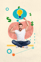 Sticker - Vertical photo collage sitting young man entrepreneur celebrate victory winner success achievement lightbulb brilliant idea plan strategy