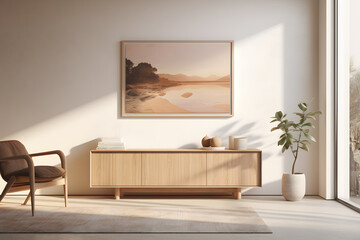 Wall Mural - A living room with a minimalist wall mounted sideboard