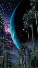 Wall Mural - night landscape with moon and milky way.. vertical design in 9:16 ratio for smartphone and social me