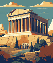 Illustration Of Athens Greece Travel Poster In Colorful Flat Digital Art Style