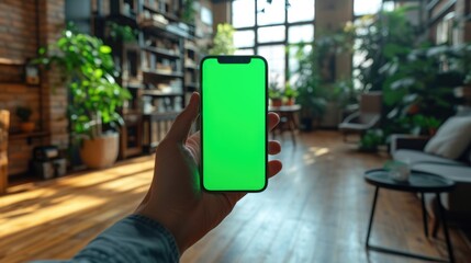 Hand hold cell phone with green screen mock up. Mobile smartphone chroma key template. Cellphone display close up. Business mockup empty blank space. Modern gadget wooden table vertical position.