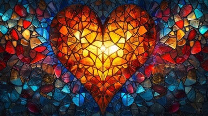 Canvas Print - Stained glass window background with colorful heart abstract.