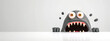 A humorous and quirky cartoonish creature peeking over a surface, with wide, startled eyes and a gaping mouth displaying pointed teeth, set against a minimalistic white background.