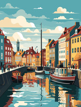 Illustration Of Copenhagen Denmark Travel Poster In Colorful Flat Digital Art Style
