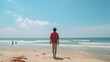 Person in red shirt walking on sunny beach, serene day background, wallpaper