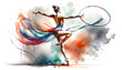 An artistic representation of a rhythmic gymnast in motion, with a hoop, amidst vibrant watercolor splashes. Sports concept. AI generated.