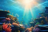 Fototapeta Do akwarium - Tropical sea underwater fishes on coral reef. Aquarium oceanarium wildlife colorful marine panorama landscape nature snorkel diving, coral reef and fishes