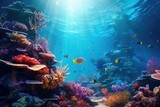 Fototapeta Do akwarium - Tropical sea underwater fishes on coral reef. Aquarium oceanarium wildlife colorful marine panorama landscape nature snorkel diving, coral reef and fishes