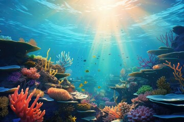 Wall Mural - Tropical sea underwater fishes on coral reef. Aquarium oceanarium wildlife colorful marine panorama landscape nature snorkel diving, coral reef and fishes