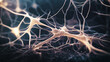 Structure of neural tissue consisting of neurons, nerve cells. Cell neurons with electrical impulses. Luminous synapse. Dendrites of neurons. Neural network. Network of neurons. Neuronal connections