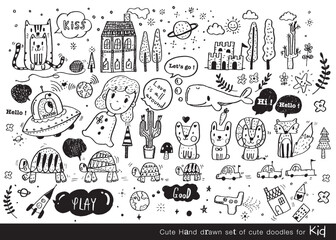 Vector illustration of Doodle cute for kid, Hand drawn set of cute doodles for decoration,Funny Doodle Hand Drawn, Summer, Doodle set of objects from a child's life,Cute animal