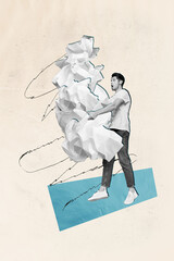 Poster - Vertical creative absurd picture collage photo with young male carry piece of crumpled paper delivery effort strength on beige background