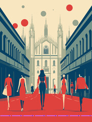 Illustration of Milan Italy Travel Poster in Colorful Flat Digital Art Style