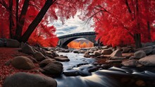 Nature's Masterpiece: Vibrant Red Maples Embrace A Historic Covered Bridge