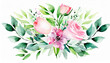 Bouquet made of pink watercolor flowers and green leaves, wedding and greeting illustration