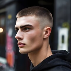 Wall Mural - Man with crew cut hairstyle, Portrait of male a model with stylish hair