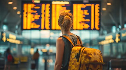 Wall Mural - woman at an international airport check flight information board, checking travel time on board at airport, travel, payment, due, booking, online, check in