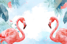 Cute Cartoon Flamingo Frame Border On Background In Watercolor Style.