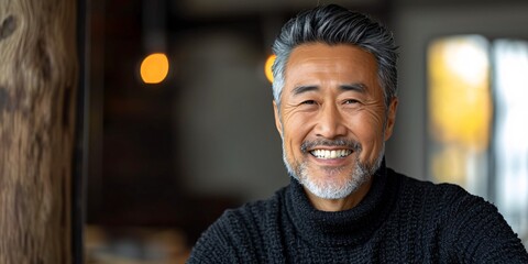 Middle-aged Asian gentleman in a dark sweatshirt grinning contently as he glances towards the camera.