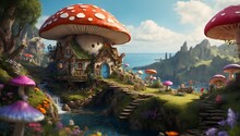 Illustration Of A Fairy Village In Macro, Mushroom Houses And Tiny Dwellings Nestle Among Delicate Flowers