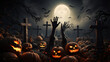 halloween, zombie, hand, rising, graveyard, cemetery, full moon, spooky night, mysterious, forest, 