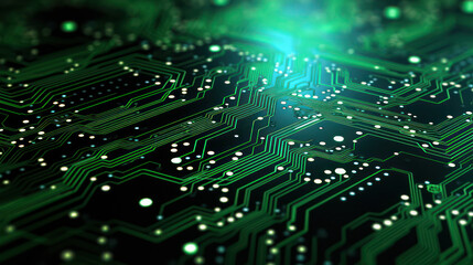 Poster - Abstract Electronic Circuit on Green Background: Innovative Technology and Modern Communication in Macro Closeup