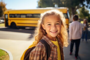 Wall Mural - Photograph of Smiling elementary student girl smiling and ready to board school bus. wide angle lens realistic lighting