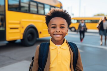 Photorealistic portrait of smiling happy black boy going to school bus, on background blurred yellow school bus and kids, Back To School concept, Background with selective focus,