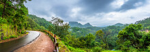 Panoramic View Of Pachmarhi Valley Having Clouds And Mist Shrouded Hills Rolling On Each Other From Chaudeshwar Mahadev Temple Road In Pachmarchi, Madhya Pradesh, India.