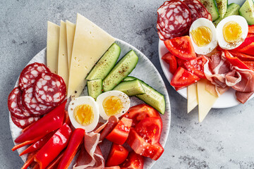 Wall Mural - Antipasto keto diet plate with cheese, deli meat, vegetables, boiled egg, top view