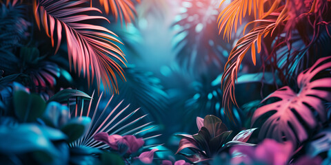 Wall Mural - Tropical plants with neon glow