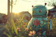 This creative depiction showcases a glass-built overweight robot designed as a flower toy, blending artistic robotics with whimsical charm.