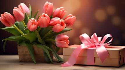 Wall Mural - Tulips, gift box and greeting card