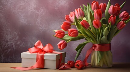 Wall Mural - Tulips, gift box and greeting card