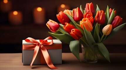 Wall Mural - Tulips, gift box and greeting card