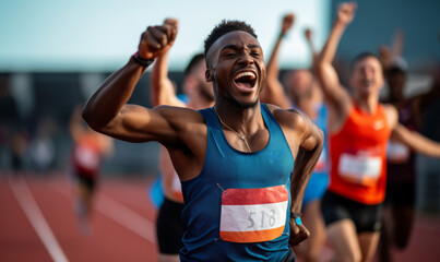 Wall Mural - A male track and field athlete celebrating winning a sprint race at a sports event