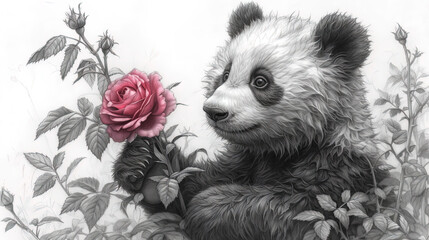 Wall Mural - Panda drawing with rose in paws in the style of anthropomo