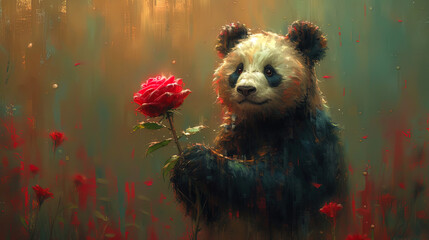Wall Mural - Panda drawing with rose in paws in the style of anthropomorp