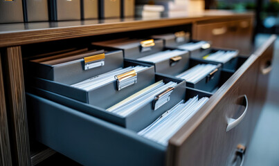 Poster - Close-up View of Open File Cabinet Drawers Filled with Labeled Documents, Depicting Organization, Storage, and Information Management