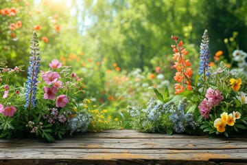 Poster - A variety of colorful flowers beautifully arranged on top of a wooden table.