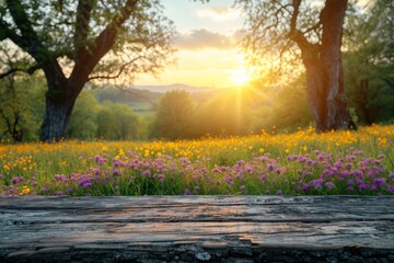 Poster - A beautiful sunset casts a golden glow on a field filled with colorful flowers and tall trees.