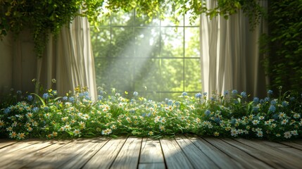 Poster - A room with a large wooden floor and a window featuring natural light shining through.