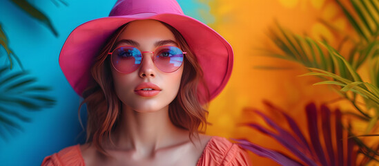 Wall Mural - Portrait of beautiful girl in hat and sunglasses on colorful background. Fashion portrait of a beautiful young woman in sunglasses on a yellow summer background. Beauty, fashion.