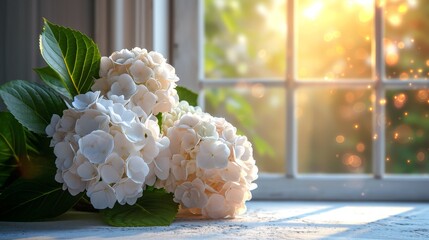Poster - A bouquet of white hydrangea flowers elegantly arranged in a vase placed in front of a window, creating a serene and natural ambiance.