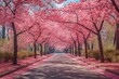 A peaceful tree-lined avenue is adorned with cherry blossoms in full bloom, casting a soft pink hue over the tranquil path.