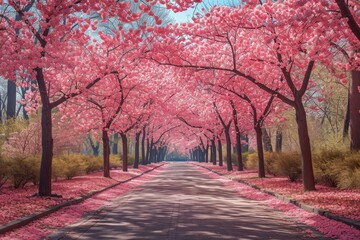 Poster - A peaceful tree-lined avenue is adorned with cherry blossoms in full bloom, casting a soft pink hue over the tranquil path.