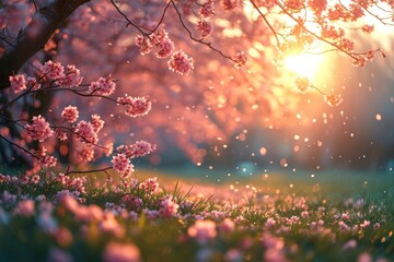 Poster - A field filled with pink flowers, with a tree in the background, creating a beautiful natural landscape.