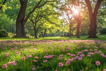 Poster - A field covered in pink flowers sits adjacent to a group of tall trees.