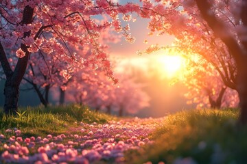 Poster - The sun shines through a cluster of trees, illuminating the pink flowers below.