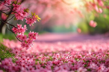 Poster - A photo capturing the pink flowers in full bloom on the ground of a park.